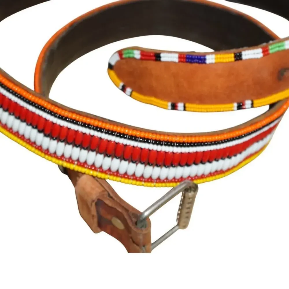 Vintage Handmade Beaded Leather Belt Southwestern Tribal Size 37